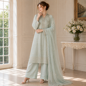 Women's <b>Mint</b> Green Premium Chiffon Formal 3-Piece Salwar Kameez Set Hand Embellishment Wrinkle-Free All Seasons Pakistan Indian - Product Image 3