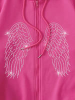 Sweat-shirt à capuche unisexe rose avec fermeture éclair, motif ailes d'ange en strass, en polaire, coupe décontractée, vêtement d'hiver 100% coton
