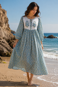 Robe de soirée pour femme, 100% coton, imprimée à la main de motifs floraux de Jaipur, longueur ras du sol, style bohème vintage, coupe évasée, écologique - Product Image 5
