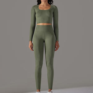 Ensemble de yoga 2 pièces côtelé sans couture pour femme, haut court à manches longues taille haute, coupe ajustée, pour course en extérieur, fitness, entraînement et gym - Product Image 3
