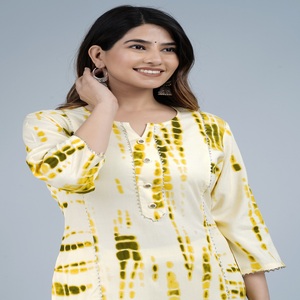 Women Yellow Tie Dye Printed <b>Kurti</b> With , 3/4 Sleeves Casual Ethnic Wear Straight Kurta for Daily Wear . - Product Image 5