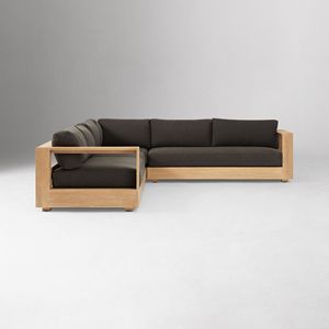 Canapé d'angle de patio en teck de style Japandi moderne, tissu anthracite et structure en bois - Product Image 5