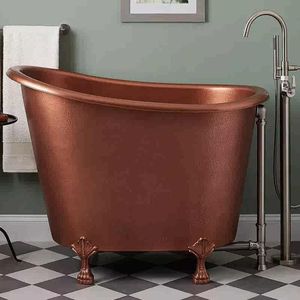 Baignoire ovale autoportante en cuivre martelé, élégante, de style antique, de luxe, vintage, avec dossier haut et bord incurvé. - Product Image 6