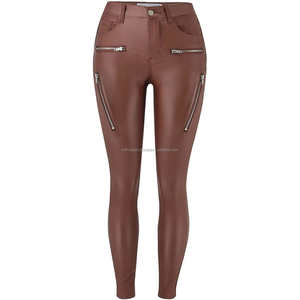 Prêt de stock personnalisé femmes crayon pantalon marron en cuir PU taille haute fermeture éclair braguette avec poches plaquées pour fête style porter - Product Image 4