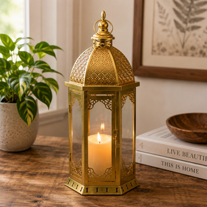 K GOLDEN <b>BRASS</b> Vintage Decorative Handmade Metal Hurricane <b>Lantern</b> Candle Holder Set Rustic for Living Room Patio Home - Product Image 2
