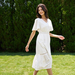 2026 ग्रीष्मकालीन v गर्दन की पुफ आस्तीन एक लाइन शादी के अतिथि पोशाक लंबे बोहो सफेद मिडी पोशाक - Product Image 4