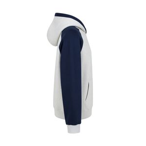 A light grey sporty hoodie with navy blue and maroon stripe details on the sleeves a front kangaroo pocket - Product Image 4