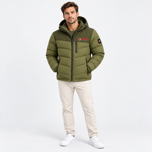 Men's Olive Green Hooded Puffer <b>Jacket</b> With Patch Design Windproof Winter Coat Regular Fit Zipper Closure Casual Style 2026 - Product Image 1