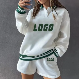 Women's White Green Stripe 2-Piece Shorts Set Fleece Sporty Loose Fit Full Sleeve Turn-<b>Down</b> Collar Digital Printed Spring Summer - Product Image 4
