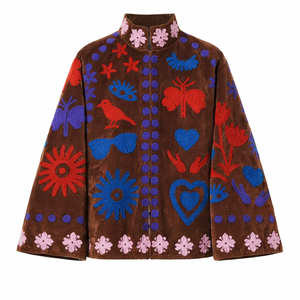 Chaqueta Bomber de Terciopelo Bordada a Mano Personalizada para Mujer, Chaqueta de Boutique con Cuello Alto y Diseño Floral Suzani - Product Image 1