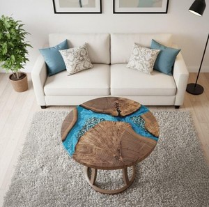 Table basse artisanale de luxe, élégante, personnalisée, écologique, faite à la main, peinte à la main, avec bord naturel et résine océanique, pour décoration côtière - Product Image 3