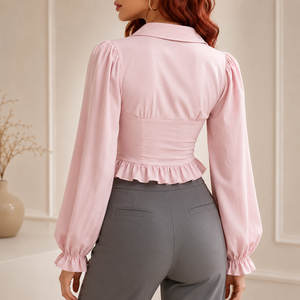 Elegant Casual Women's Pink Chiffon Shirt with <b>Puff</b> Sleeve Simple Design Spring Season Vietnam Manufacturer Support OEM/ODM - Product Image 2