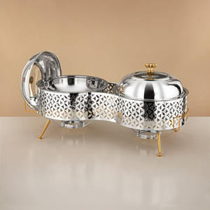 Lujoso calentador de acero inoxidable de doble cuenco con tapa de cristal, soporte con patas doradas y diseño geométrico, para buffet, unidad individual - Product Image 2