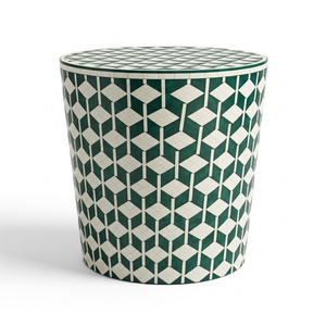 โต๊ะข้างทรงกลมดีไซน์อินดัสเทรียลเคลือบเงาและตกแต่งด้วยสติกเกอร์ งานแฮนด์เมด เหมาะสำหรับตกแต่งบ้าน ห้องนอน และทางเข้าบ้านสไตล์โมเดิร์น - Product Image 1