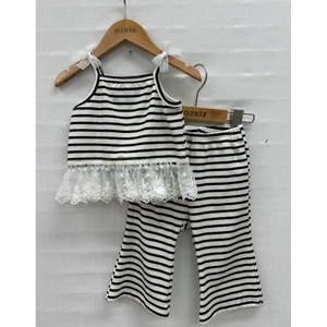 Ensemble de vêtements pour filles de style coréen OZKIZ, 100% coton, motif rayé, noir mousse, pour 2 à 6 ans, vente en gros, mode enfantine d'été - Product Image 1