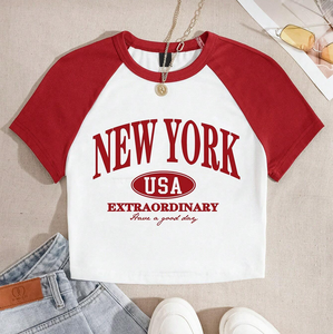 T-shirt court en tricot à manches raglan pour femme, blanc et noir, imprimé New York, col rond, décontracté, manches courtes - Product Image 3
