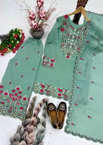 Exclusive Trendy Wedding Diwali Salwar Kameez Set Sequence Embroidery Stretchable Wrinkle-Free Top Plazzo Dupatta Roman <b>Silk</b> - Product Image 5