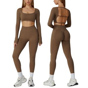 Ensemble de yoga sans couture 2 pièces : haut court taille haute et leggings longs, couleur unie, col carré, dos croisé, tenue de sport pour femme - Product Image 1