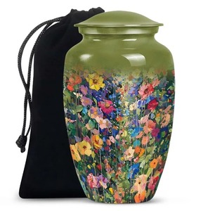 Grande urne funéraire en aluminium à motif floral pour cendres d'adultes, conteneur commémoratif avec base verte et motif de fleurs colorées - Product Image 1