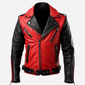 Chaqueta de moto de cuero roja y negra para hombre, cuello vuelto, cierre de cremallera, corte ajustado, estilo invernal, diseño con bloques de color, transpirable en la parte delantera - Product Image 1