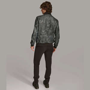 Blouson bomber en cuir de mouton bicolore, lavé et ciré, pour homme, avec col montant, style motard, imperméable - Product Image 6