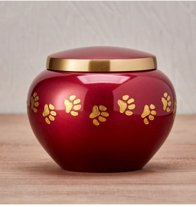 Round Metal Cremation Pet Urn with Gold Paw Prints <b>Red</b> Classic Design for Sympathy Gift funeral ashes urn - Product Image 4