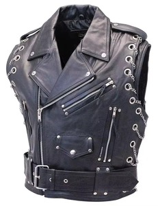 Men's Plus Size Black Leather-Style Moto Vest With <b>Chains</b> Zippers Rivets Turn-down Collar Regular Length Outer Wear Solid Color - Product Image 1