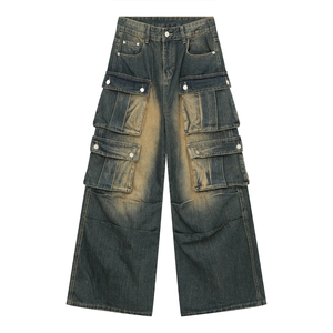 High Waist Cargo <b>Jeans</b> <b>Men</b> Bleach Stone Wash Denim Patchwork Loose Fit Streetwear Style Midweight Cotton Pants Autumn - Product Image 5