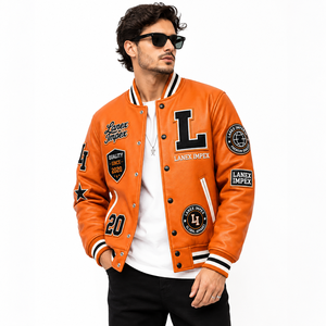 Custom Orange Varsity Letterman Jacket Men PU Leather Baseball College Jacket Embroidered Chenille Patch Bomber Jacket OEM Bulk - Product Image 2