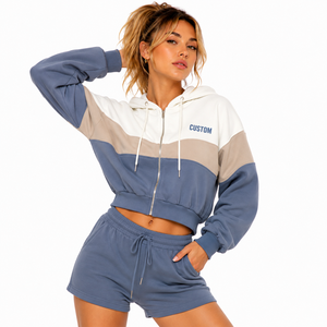 Fashion Forward Color Block Cropped <b>Zip</b> Hoodies Matching <b>Shorts</b> Set Custom Logo Heavy Winter Fleece Relaxed Fit Y2K Tracksuit - Product Image 3