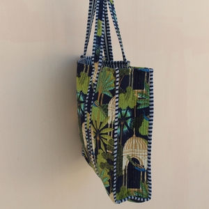 Handcrafted Jungle Themed Peacock/Cage Pattern 100% Cotton Quilted <b>Long</b> Handle Lightweight Multi-Use Tote <b>Bag</b> for Travel & Shopp - Product Image 3