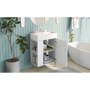 Mobile bagno bianco da 21,6 pollici con lavabo singolo in ceramica, mobiletto e vano portaoggetti laterale sinistro - Set mobiletto singolo - Product Image 4