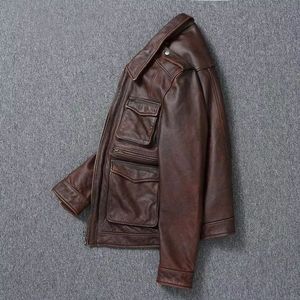 Veste en cuir véritable vintage la plus vendue pour homme, style motard, en cuir de vachette marron délavé, fermeture éclair, col montant, écologique - Product Image 3