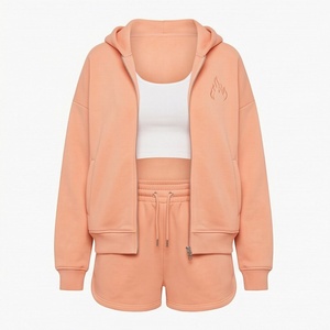 Ensemble 2 pièces en polaire pour femmes, short à capuche, couleur unie, coupe ample, vêtements de sport décontractés, longueur au-dessus du genou avec poche, printemps-été - Product Image 1