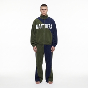 Mens Olive Green Navy Color Block Fleece Tracksuit Set <b>Zip</b> <b>Up</b> <b>Jacket</b> Wide Leg Pants Streetwear Sportswear - Product Image 3