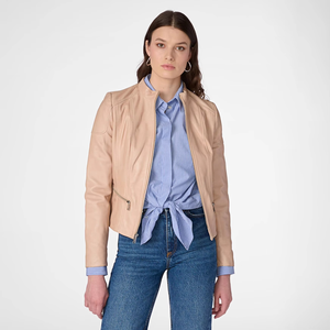 Women's <b>Genuine</b> Leather Moto Jacket Stand Collar Full Sleeve Zipper Closure Beige Autumn Style - Product Image 4