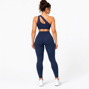 <b>Navy</b> Solid Color Women Asymmetric Sports Bra <b>Leggings</b> Set High Waist Workout Gym Yoga Activewear Yoga Set - Product Image 2
