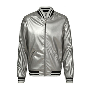 Custom Metallic <b>Silver</b> Satin <b>Jacket</b> Shiny Lightweight <b>Jacket</b> with Zipper Closure Striped Ribbed Collar Cuffs Outerwear OEM - Product Image 4