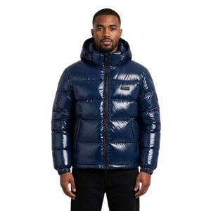 Chaquetas Acolchadas Personalizadas Negras con Paneles Técnicos Curvos, 100% Poliéster, Diseño Brillante con Capucha, Chaqueta Urbana para Hombre - Product Image 3
