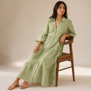 100% Cotton Handmade Simple Maxi <b>Dress</b> for Women Summer Casual Tiered Button Shirt Short Sleeve Collared Neck <b>Loose</b> Beach Long - Product Image 2