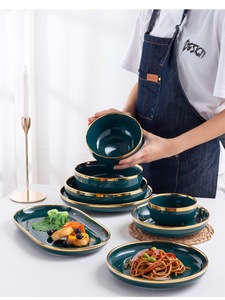 Meal <b>Set</b> 4/6-Person Luxurious Modern Titanium Gold Rimmed Green Smooth Glossy Porcelain <b>Dinnerware</b> <b>Sets</b> Durable BPA Free - Product Image 3