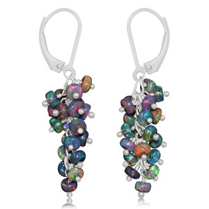 925 Sterling Silver Black <b>Opal</b> Cluster Drop <b>Earrings</b> Beaded Dangle Trendy Gift Jewelry for Women Party Wedding Anniversary - Product Image 1