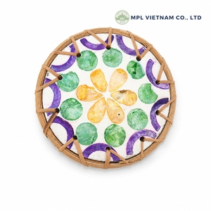 Handmade Rattan Border Mother of Pearl Mosaic <b>Trivet</b> Flower Design Seashell Inlay Drink Coaster Premium Coastal Style - Product Image 3