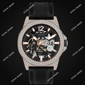 Rose Gold Diamond Skeleton Watch Black Rubber Strap Luxury <b>Automatic</b> Mechanical Timepiece Premium Iced Out <b>Wristwatch</b> Collection - Product Image 2