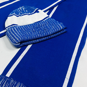 Ensemble bonnet et écharpe en tricot acrylique rayé bleu et blanc avec logo personnalisé Alpha Phi Beta Sorority, pompon premium, équipement d'hiver - Product Image 4