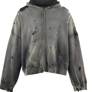 Sweat à capuche zippé surdimensionné en polaire pour homme, style streetwear hiver, délavé à l'acide, ourlet brut, effet vieilli, vintage, style hip-hop, 100% coton - Product Image 2