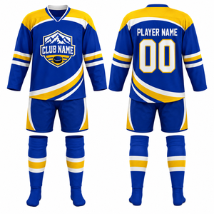 Ensemble de maillots de hockey personnalisés, bleu, jaune, blanc, impression par transfert thermique, nom du club, numéro du joueur 00, vêtements de sport toutes saisons - Product Image 1