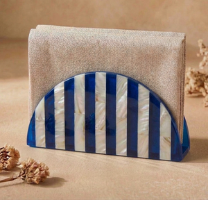 Moderno soporte semicircular para cajas de pañuelos, diseño independiente con incrustaciones de concha a rayas azules y blancas para almacenamiento de servilletas - Product Image 1