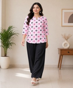 Conjunto de Top y Pantalones Palazzo de Rayón con Estampado Digital, Ropa Casual, Precio al por Mayor, Prenda Étnica, Rosa Bebé y Negro - Product Image 1