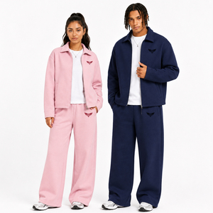 New Arrival Unisex Oversized Tracksuit Set Custom Logo Fleece <b>Zip</b> <b>Up</b> <b>Jacket</b> Wide Leg Sweatpants Casual Streetwear Sportswear - Product Image 1